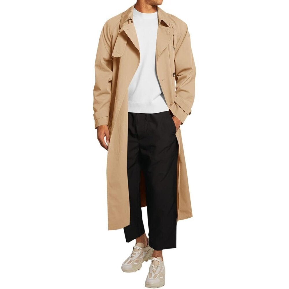 🆕Mens Khaki  Double Breasted Belted Windbreaker Jackets Lapel Trench Coat
